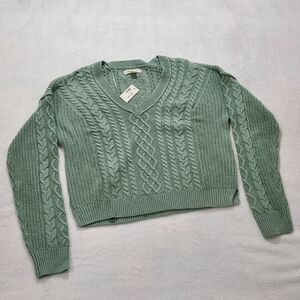Aeropostale Slouchy Cable Knit V-Neck Sweater Womens Medium Seafoam Green New